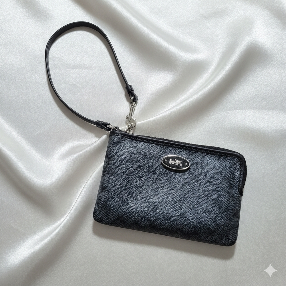Coach 6x4" Wristlet Wallet Clutch Grey Black Signature Leather Zip Top Genuine